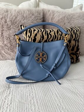Tory Burch Dusty Blue Leather Shoulder Bag with Gold Logo Charm